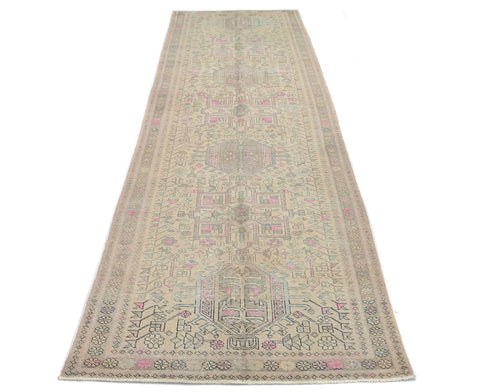 13 Ft Vintage Brown Persian Style Hand Knotted Low Pile Wool Runner Rug